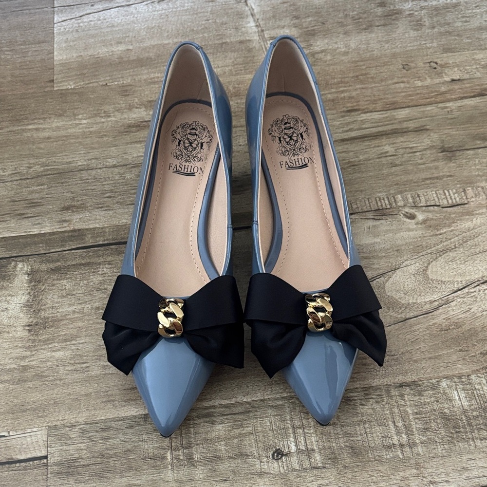 Blue-Gray Kitten Heels with Black Bow and Gold Detailing - BRAND NEW NEVER WORN